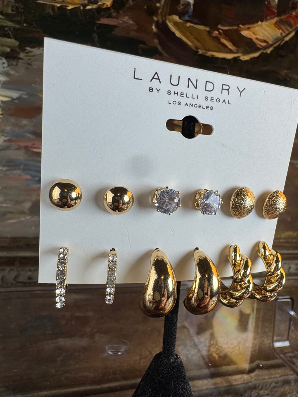 0733-Laundry By Shelli Segal Gold Tone Mixed Earring Set with Clear Stones